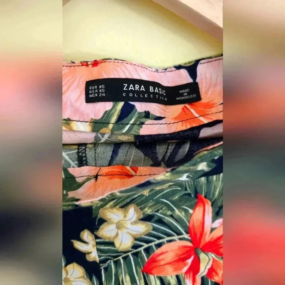 ZARA RUFFLED FLORAL SHORT green pink size xs - Picture 4 of 4